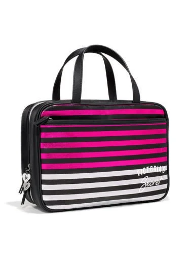 Suitcase for outdoor trips-Victorias Secret Striped Hanging Travel Lingerie Organizer Bag Black Pink Silver