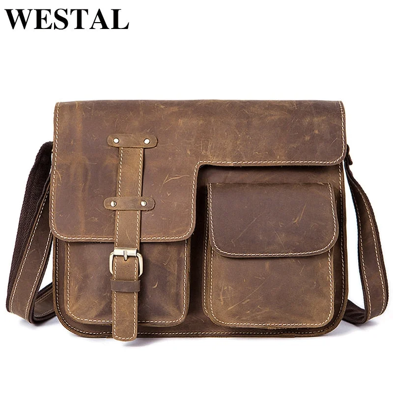 Crossbody for casual travel-Westal Men'S Bags Crazy Horse Genuine Leather Vintage Crossbody Bags For Men Messenger Bag Men'S