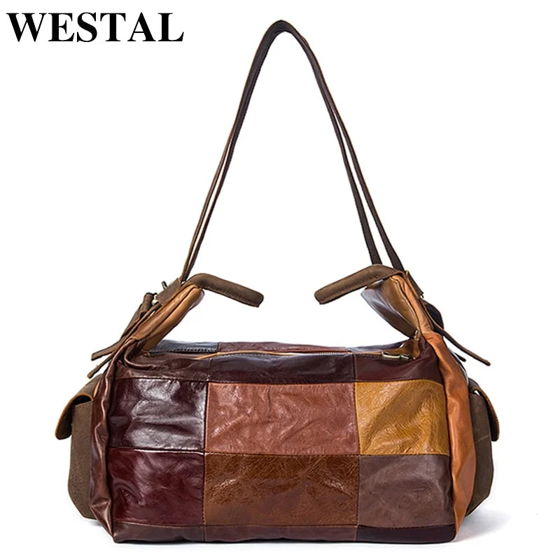 Duffle Bags for business travel-Westal Travel Bag Male Large Capacity Duffle Bag Men'S Travel Bags Genuine Leather Patchwork