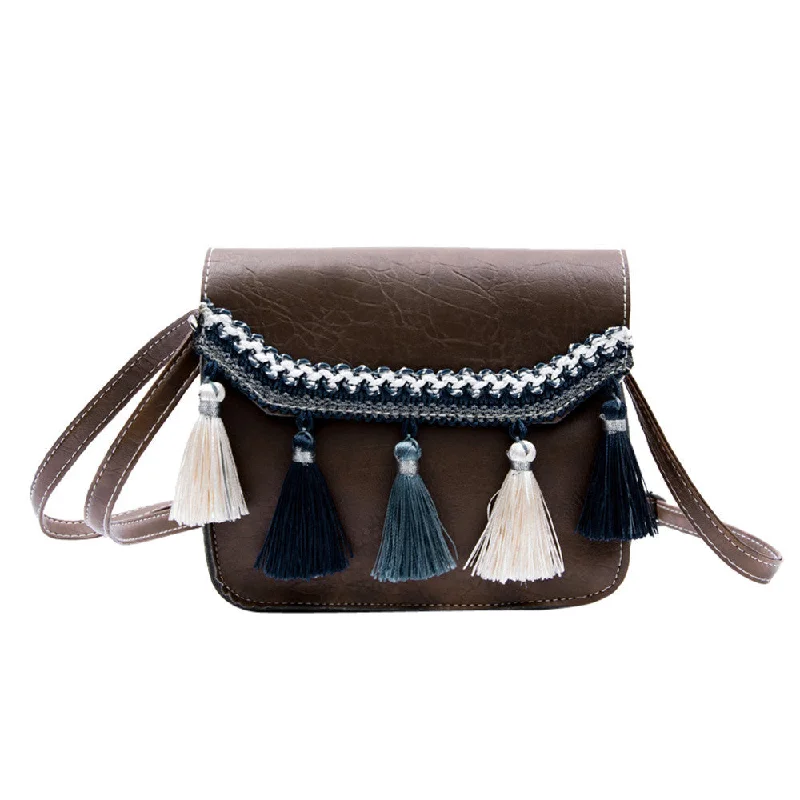 Crossbody with shiny finish-Womens Leather Crossbody Bag Vintage Tassel Shoulder Bags Messenger Bag