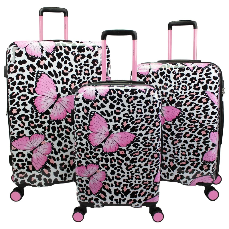 Suitcase for urban travel-World Traveler Dejuno Butterfly Cheetah 3-Piece Expandable Spinner Luggage Set