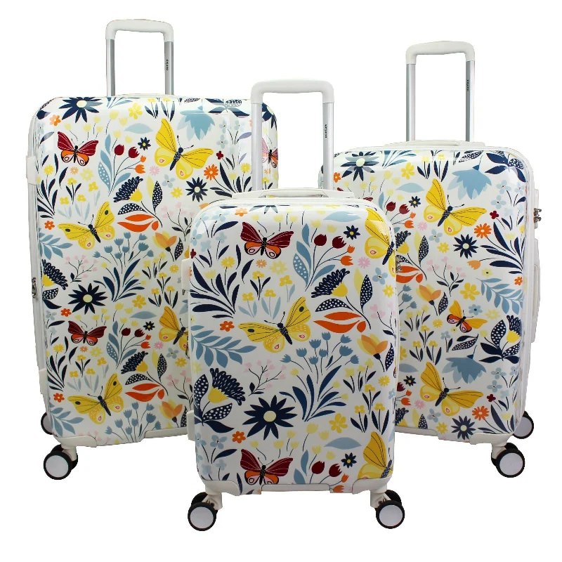 Suitcase with water-resistant zippers-World Traveler Dejuno Floral Butterfly 3-Piece Expandable Spinner Luggage Set