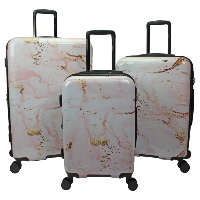 Suitcase with durable handles-World Traveler Dejuno Pink Marble 3-Piece Expandable Spinner Luggage Set