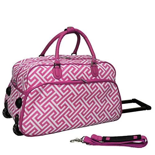 World Traveler Greek Key 21-Inch Rolling Duffle Bag, Fuchsia White Greek Key