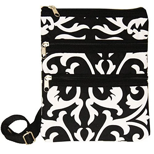 Suitcase for group travel-World Traveler Womens 9 Inch Swingpack Purse Bag, Black Trim Damask, One Size