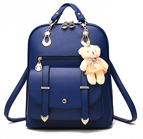 Suitcase with padded lining-Yaagle Korean Pu Shoulder Large Capacity Bag With Bear Decoration For Women And Girl (Navy)